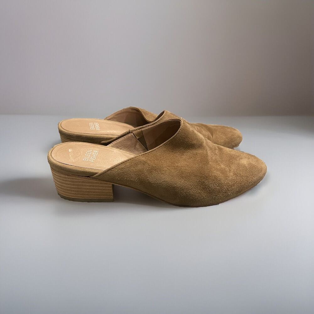 Eileen Fisher Sylvia Suede Slide Clog/Mule Block Mid Heels Tan Size 7.5